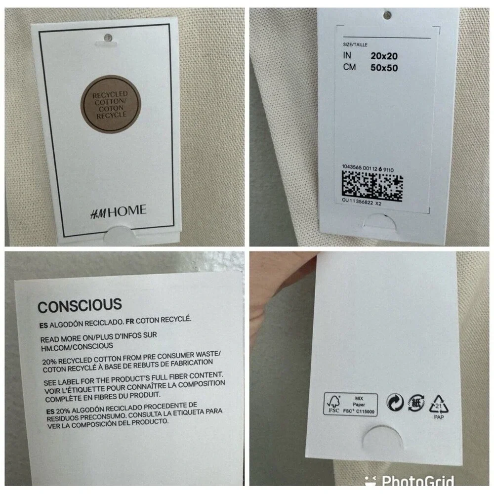 H&M‎ Home Cream Pillow Cover 20x20 Recycled Cotton Neutral Pillow Case New